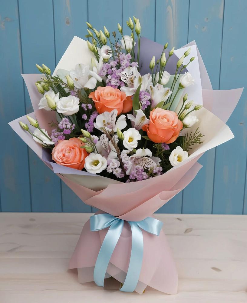 Букет цветов из: Лизиантусы, Розы, Альстромерии и Гипсофила в Мамадыш